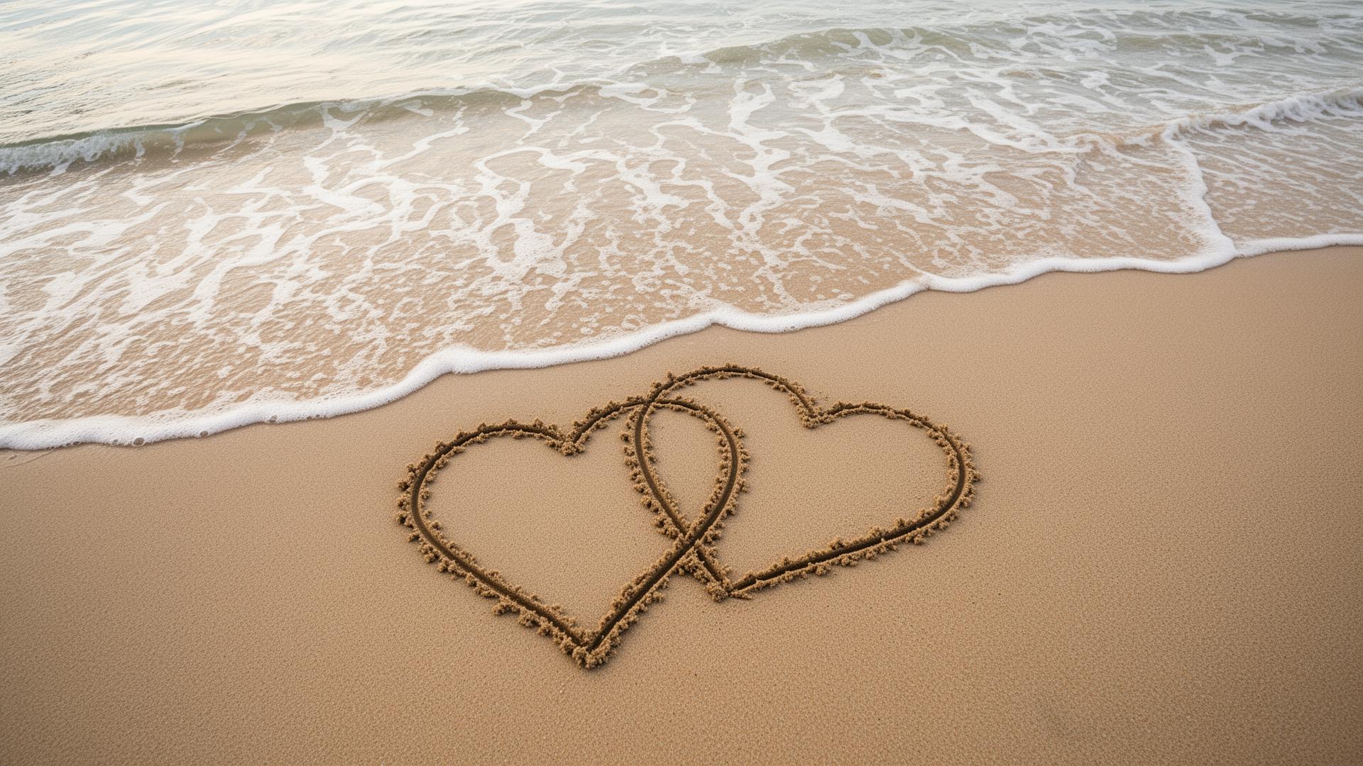 Two overlapping hearts drawn in the sand with gentle surf washing in